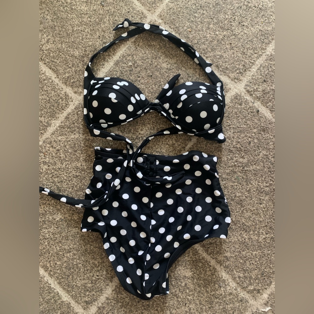 Unique Vintage Retro Black & White Polka Dot Two-Piece Swimsuit
